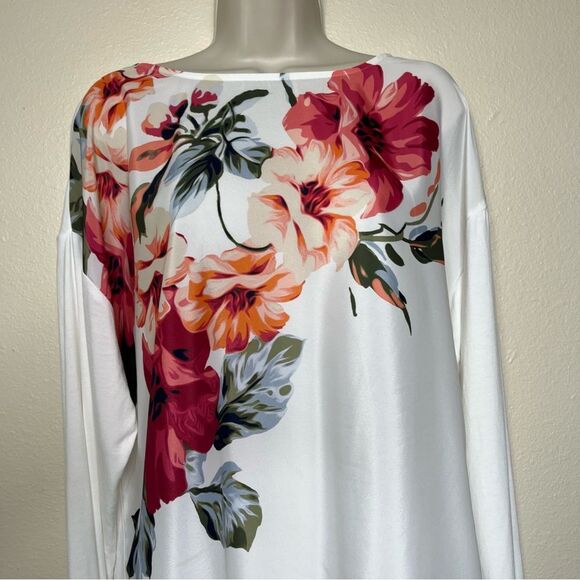 Chicos Floral Front Knit Woven Tee Boat Neck Ivory Ecru Long Sleeve Women Large - Picture 4 of 14